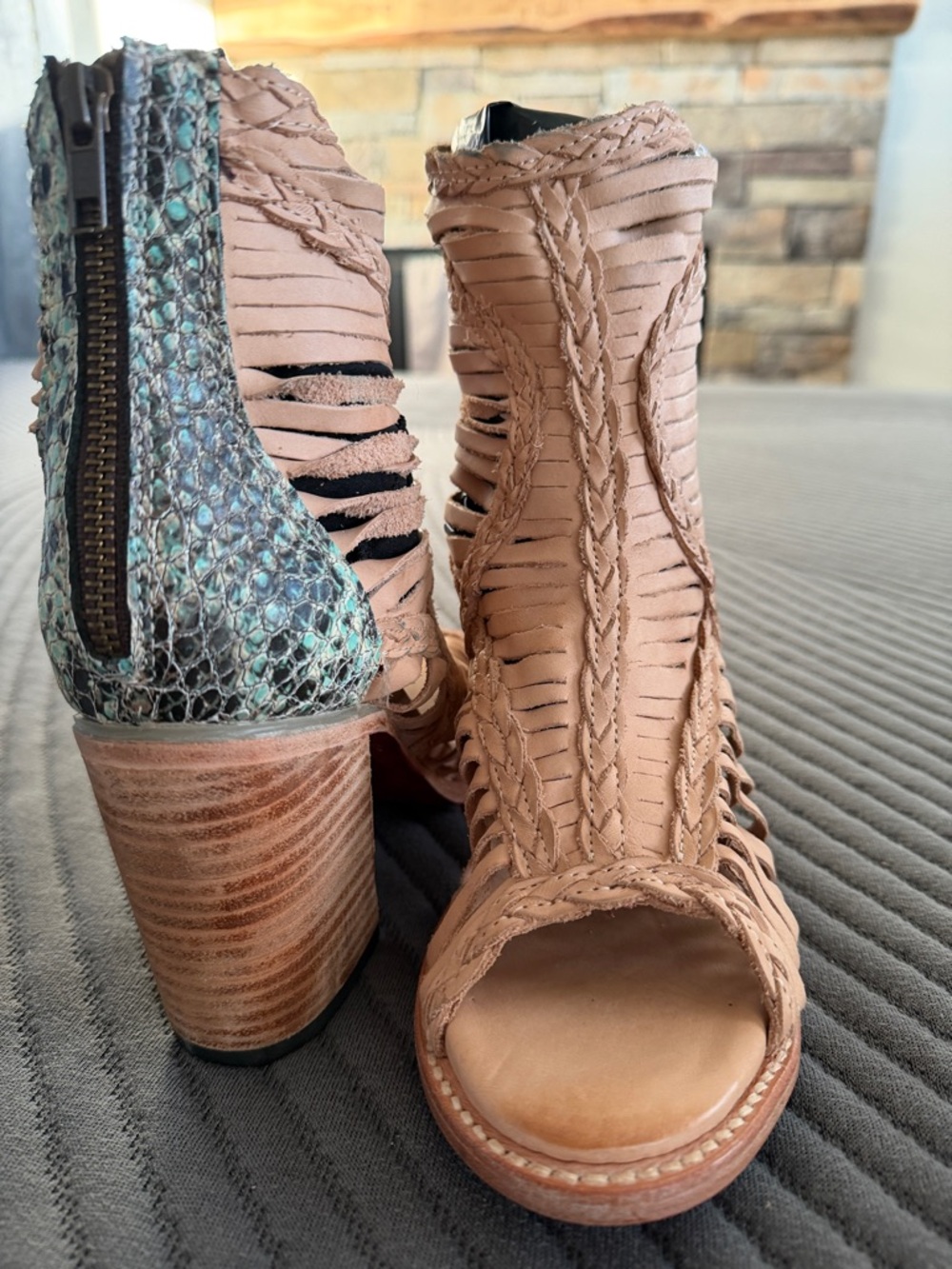 Freebird by Steven Bela Nude Leather and Snake skin peep toe sandal. Never worn.
